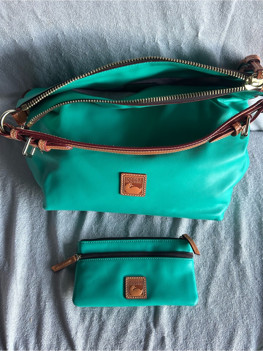 Dooney & Bourke Teal Shoulder Bag with Matching Wristlet and Brown Trim